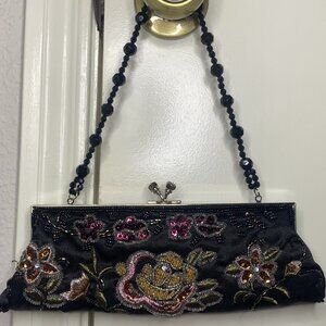 Vintage Black Satin Floral Beaded Clutch
